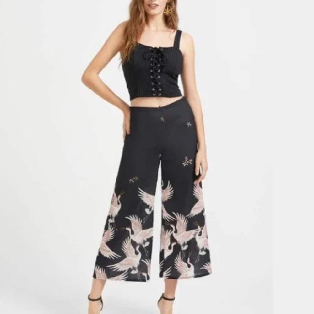 Zara Black Wide Leg Pants with Pink Crane Print